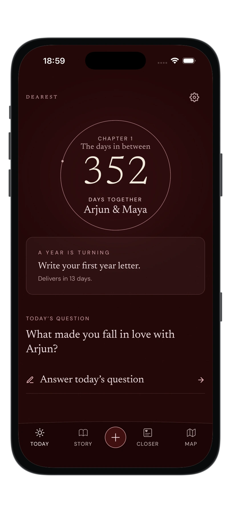 The Dearest Today screen inside an iPhone: a shared chapter, days together and a daily question