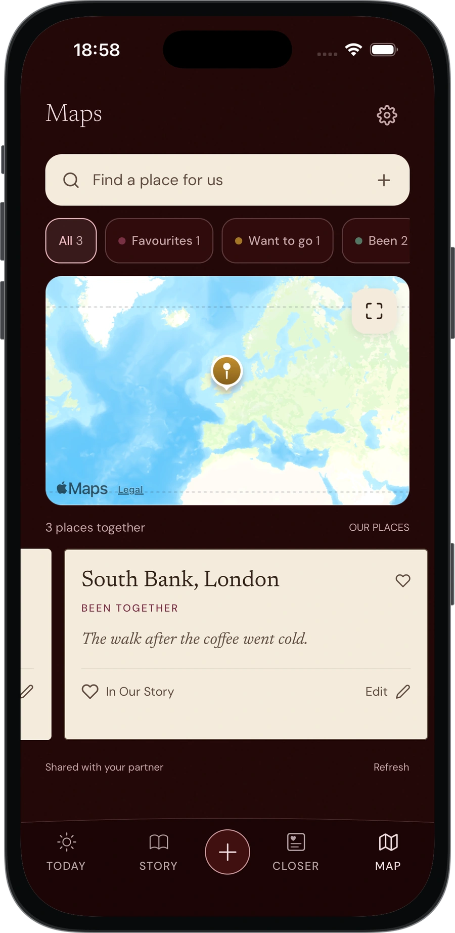 Dearest’s shared map with a saved South Bank place and a link to its story