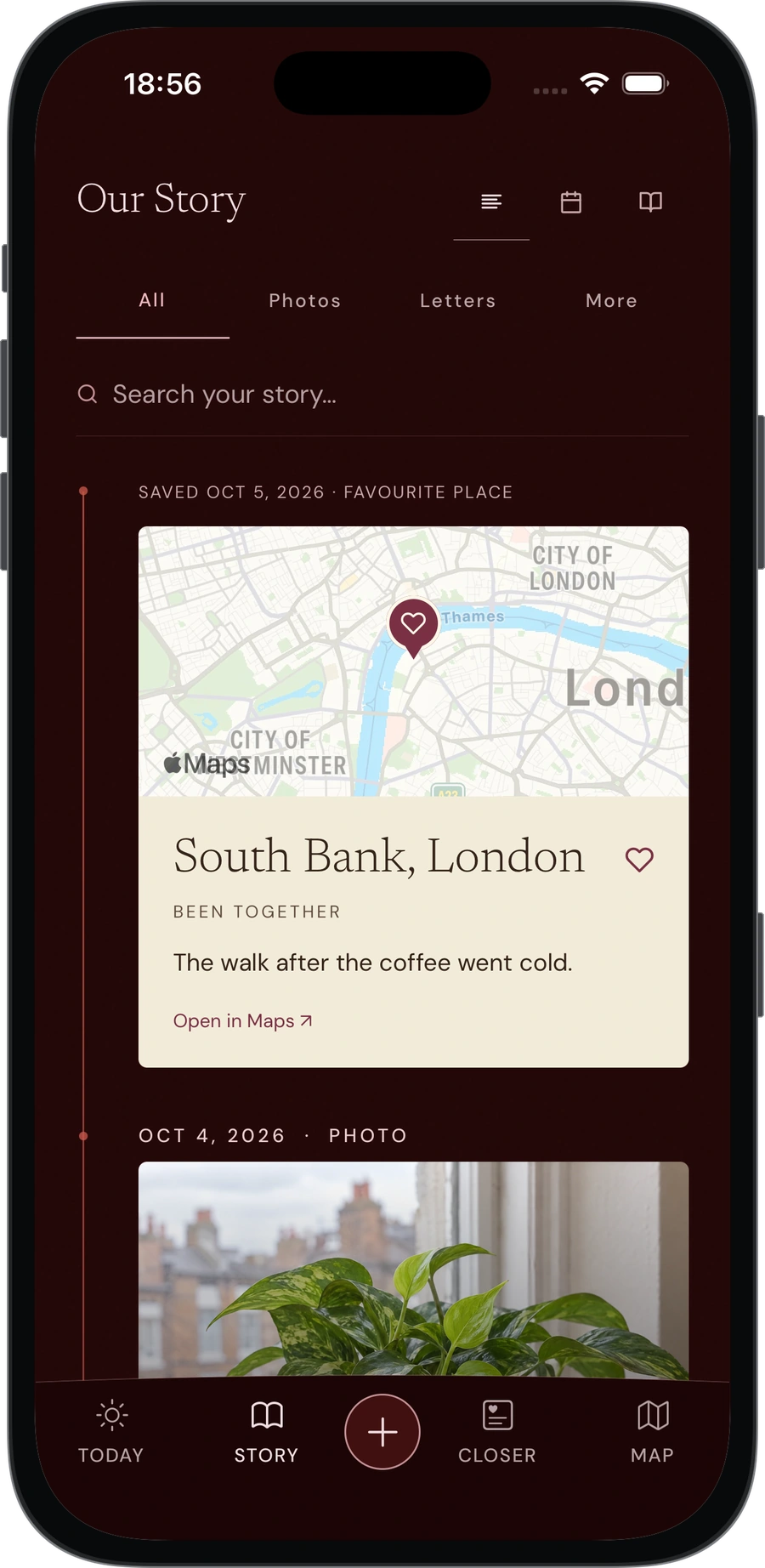 Dearest Our Story: a shared memory feed with a photograph, a saved South Bank walk and both partners’ words